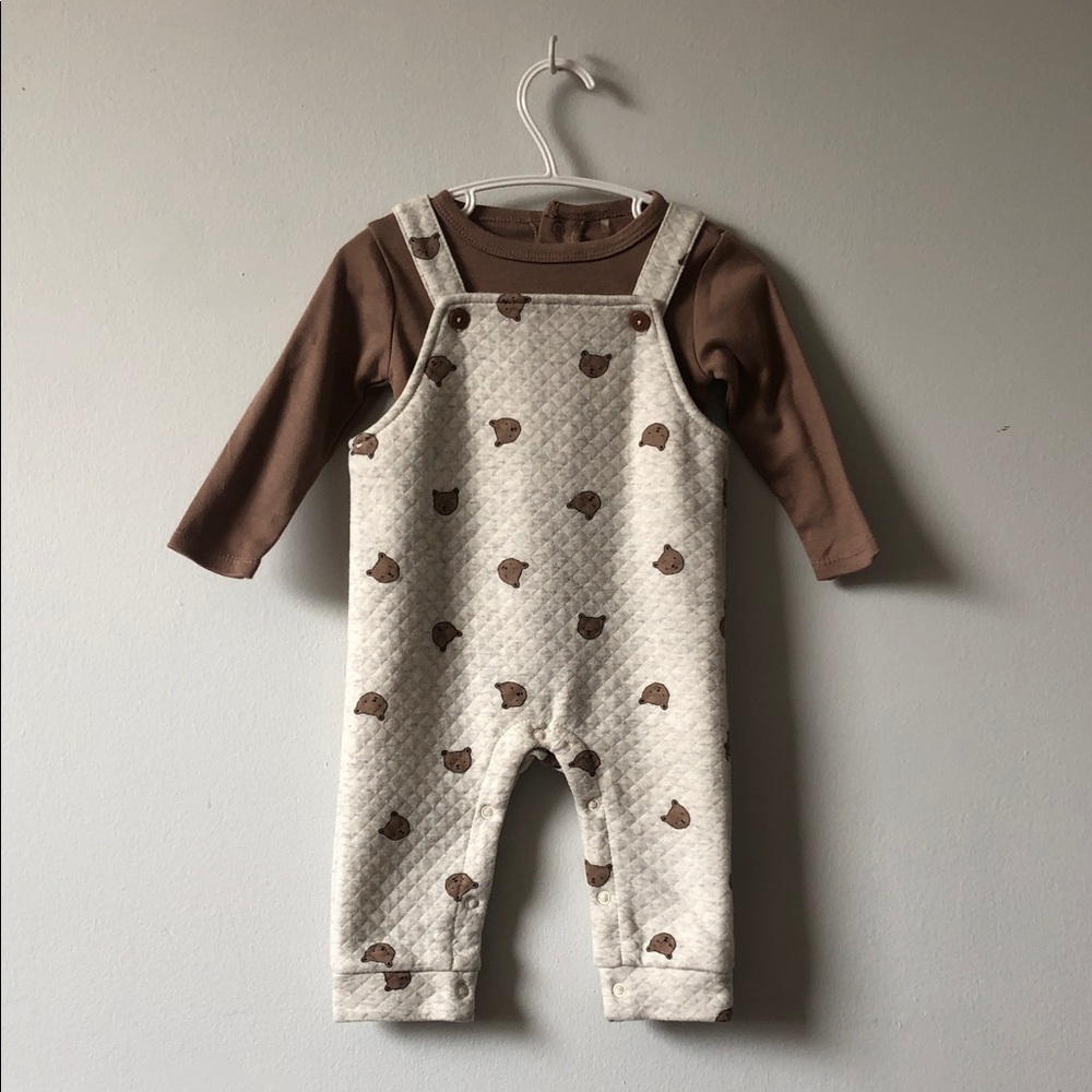 chick pea Cream Quilted Bear Overalls with Brown Top